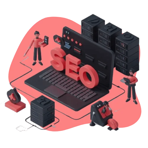 Image of a Laptop and servers, Written SEO in bold style
