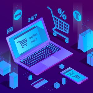 Vector 3d isometric concept of e-commerce, online store. Shopping service, payment by smartphone or laptop and delivery. Illustration in purple, ultraviolet colors.
